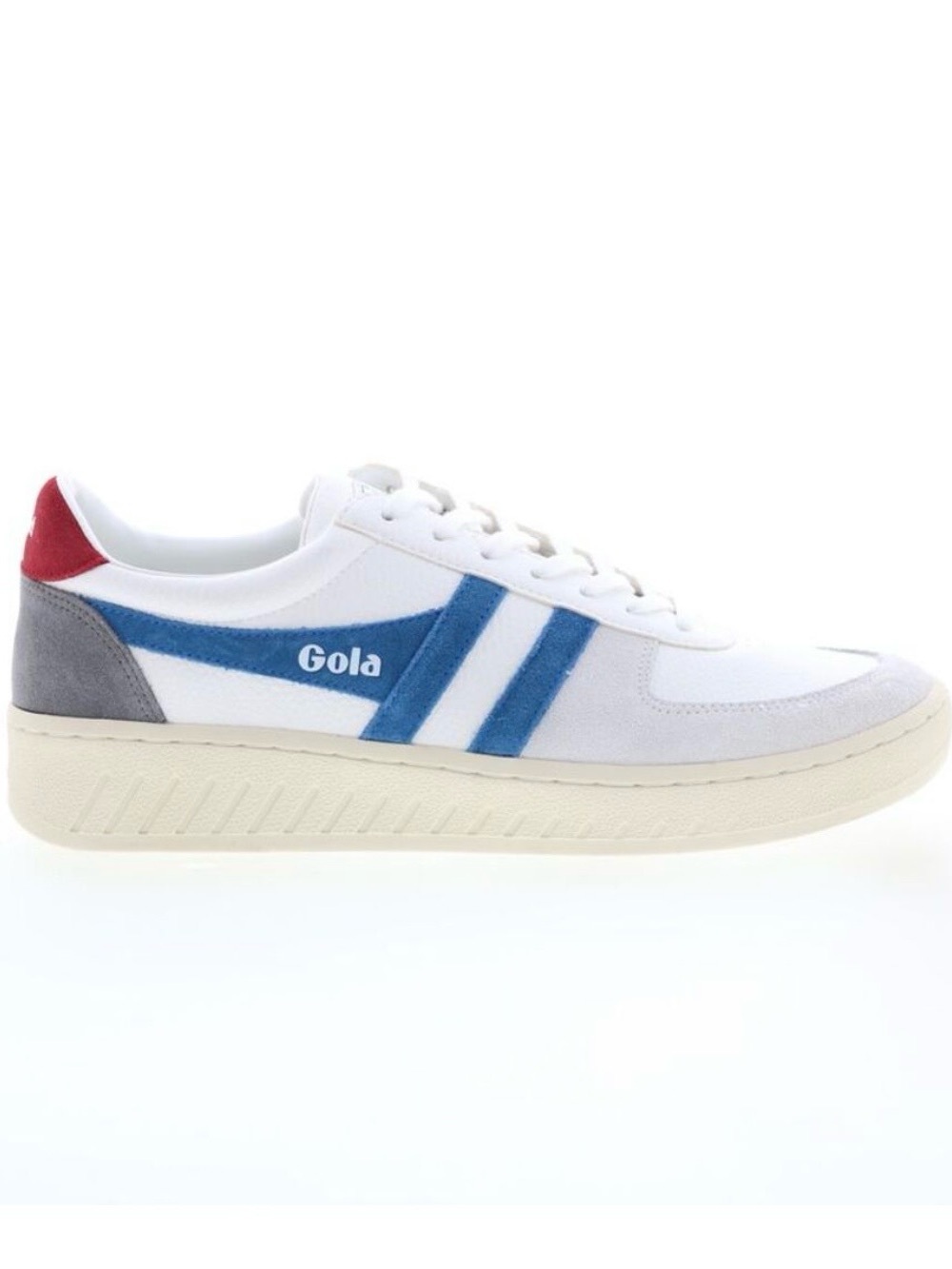 Gola Grand Slam Trainer in White with Blue and Gray Accents and Red tab at Heel